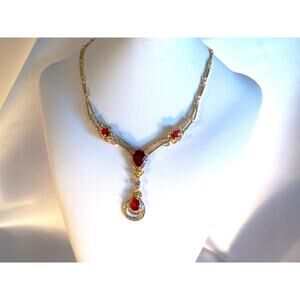 Red rhinestone teardrop necklace set, wedding MOB prom party evening necklace